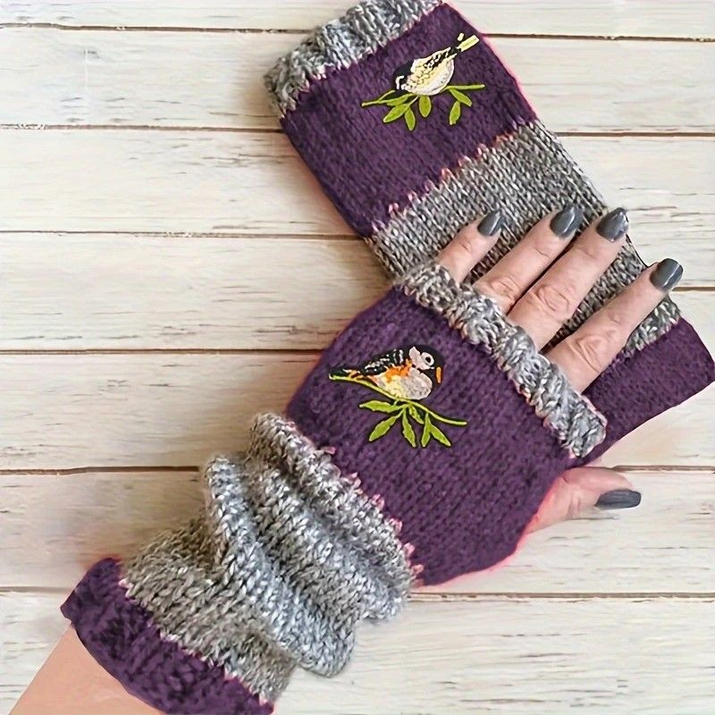 Color-Block Bird Embroidered Fingerless Knit Gloves – Warm, Flexible, Perfect for Daily Autumn/Winter Use, 8.5×22cm Stylish Practical Commute Hand-Warming Essential(GREEN) - Image 5