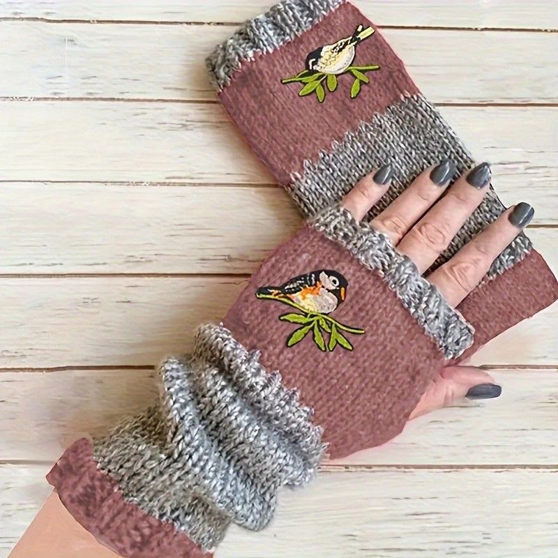 Color-Block Bird Embroidered Fingerless Knit Gloves – Warm, Flexible, Perfect for Daily Autumn/Winter Use, 8.5×22cm Stylish Practical Commute Hand-Warming Essential(GREEN) - Image 8