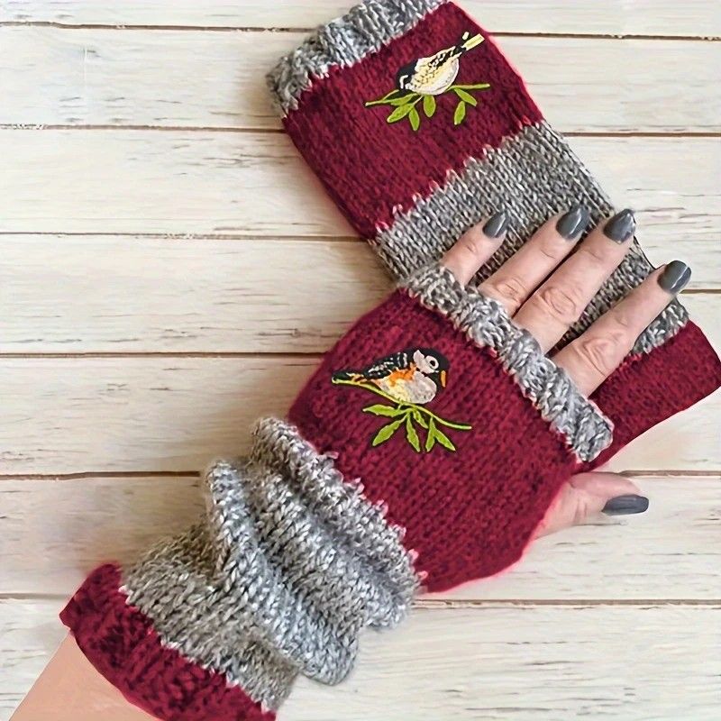 Color-Block Bird Embroidered Fingerless Knit Gloves – Warm, Flexible, Perfect for Daily Autumn/Winter Use, 8.5×22cm Stylish Practical Commute Hand-Warming Essential(dark red) - Image 1