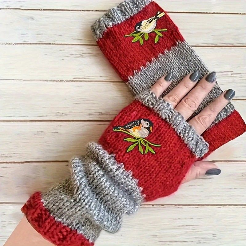 Color-Block Bird Embroidered Fingerless Knit Gloves – Warm, Flexible, Perfect for Daily Autumn/Winter Use, 8.5×22cm Stylish Practical Commute Hand-Warming Essential(red) - Image 1