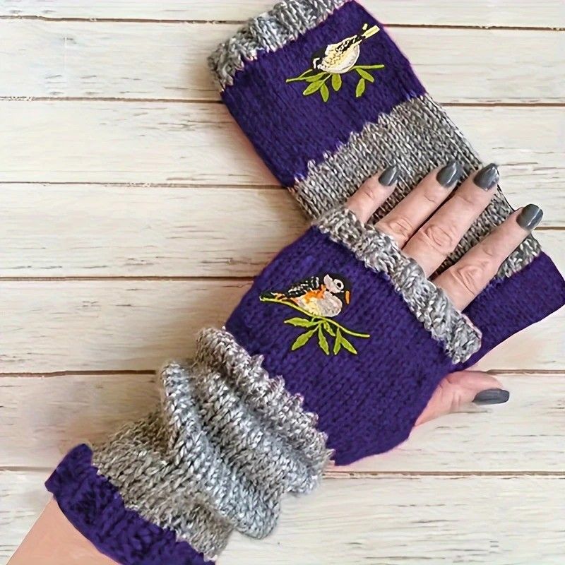 Color-Block Bird Embroidered Fingerless Knit Gloves – Warm, Flexible, Perfect for Daily Autumn/Winter Use, 8.5×22cm Stylish Practical Commute Hand-Warming Essential(red) - Image 3