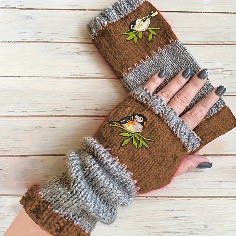Color-Block Bird Embroidered Fingerless Knit Gloves – Warm, Flexible, Perfect for Daily Autumn/Winter Use, 8.5×22cm Stylish Practical Commute Hand-Warming Essential(red) - Image 4