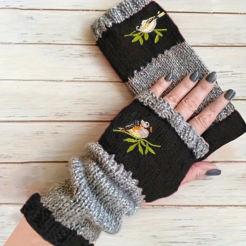 Color-Block Bird Embroidered Fingerless Knit Gloves – Warm, Flexible, Perfect for Daily Autumn/Winter Use, 8.5×22cm Stylish Practical Commute Hand-Warming Essential(red) - Image 8