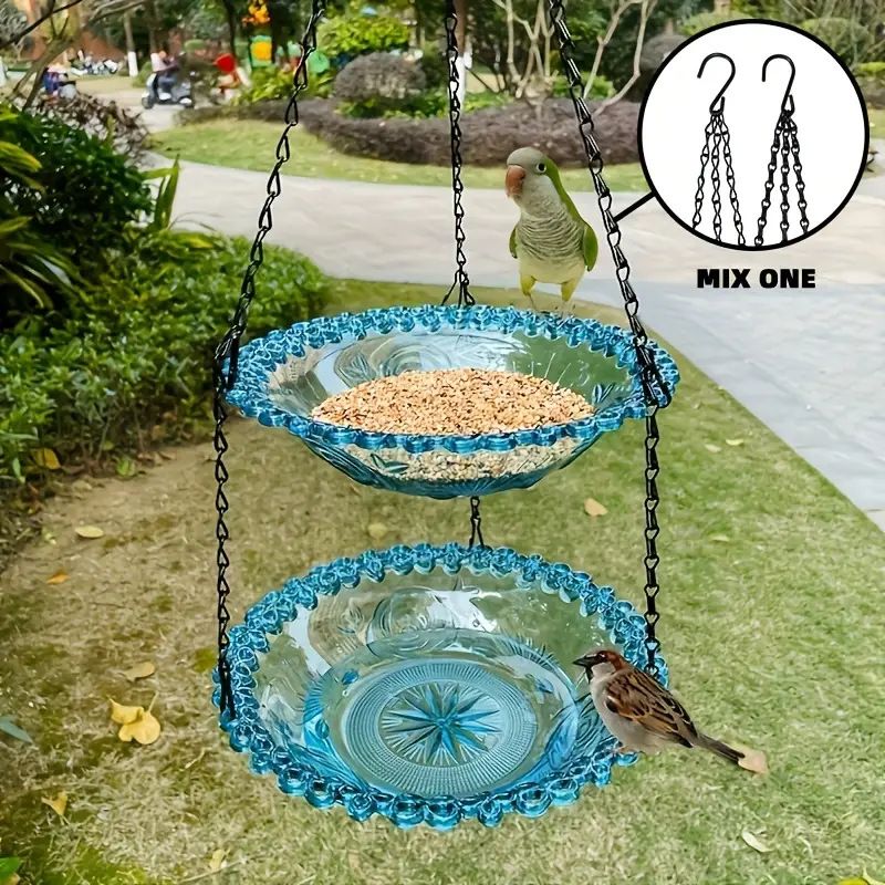 Chain-hung Double-layer Bird Feeder, transparent bowls for easy observation, thickened iron chain for stable load-bearing, adding natural vitality and bird-watching fun to your courtyard.（blue) - Image 1