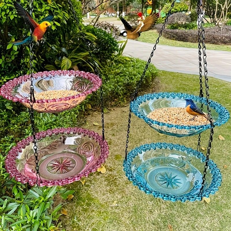 Chain-hung Double-layer Bird Feeder, transparent bowls for easy observation, thickened iron chain for stable load-bearing, adding natural vitality and bird-watching fun to your courtyard./BLACK - Image 6