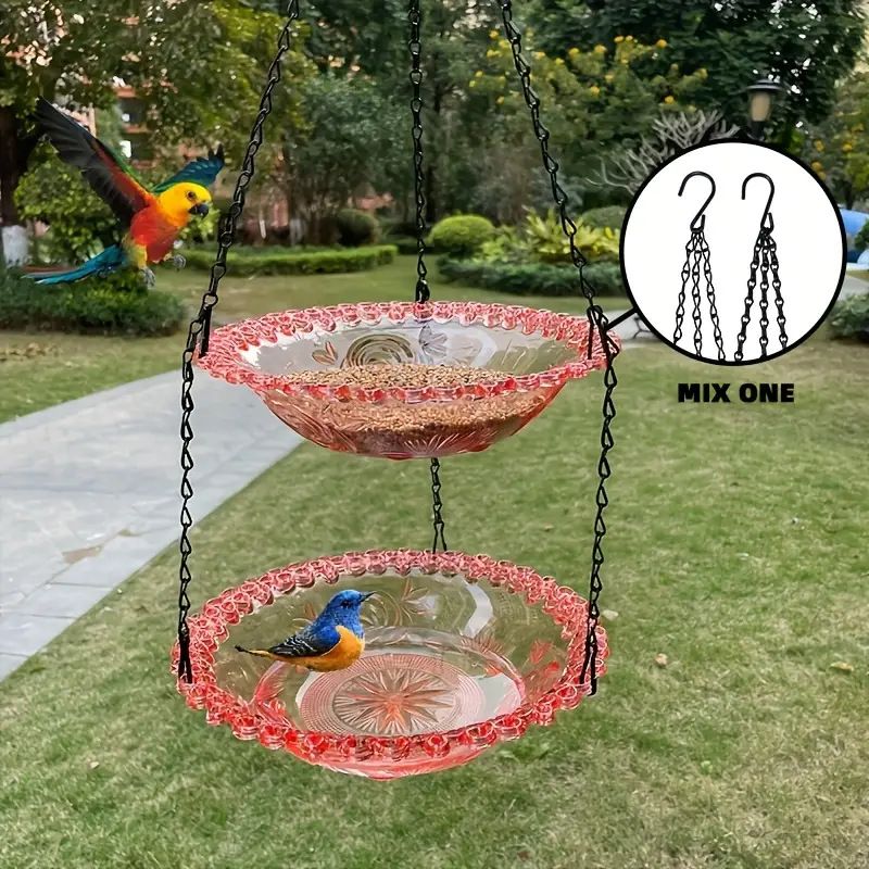 Chain-hung Double-layer Bird Feeder, transparent bowls for easy observation, thickened iron chain for stable load-bearing, adding natural vitality and bird-watching fun to your courtyard.(PINK) - Image 1