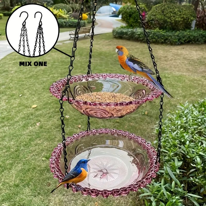 Chain-hung Double-layer Bird Feeder, transparent bowls for easy observation, thickened iron chain for stable load-bearing, adding natural vitality and bird-watching fun to your courtyard./purple - Image 1