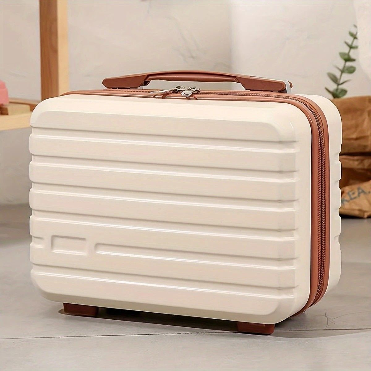 14 Inch Mini Makeup Case, Lightweight Cosmetic Travel Bag with Shoulder Strap & Zipper Closure(Brown) - Image 1