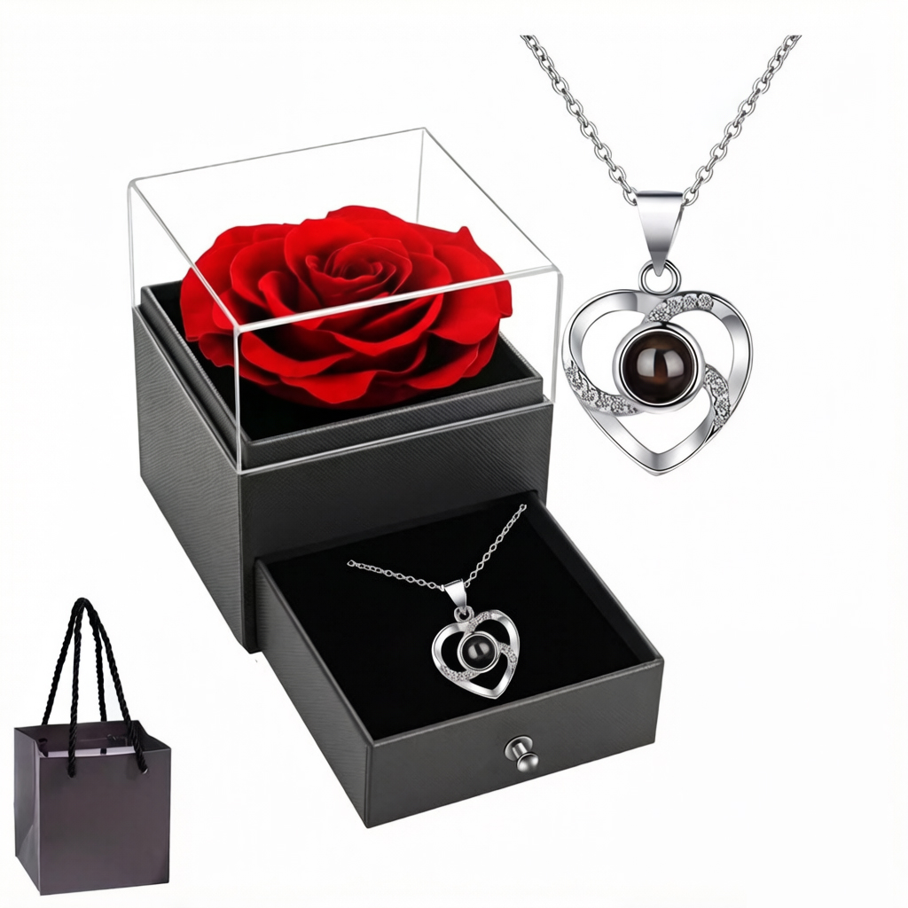 White gold A Hundred Languages Heart-Shaped Projection Necklace Gift Set, Inlaid with Zirconia and Paired with a Preserved Rose, a Tech-Infused Romantic Gift - Image 1