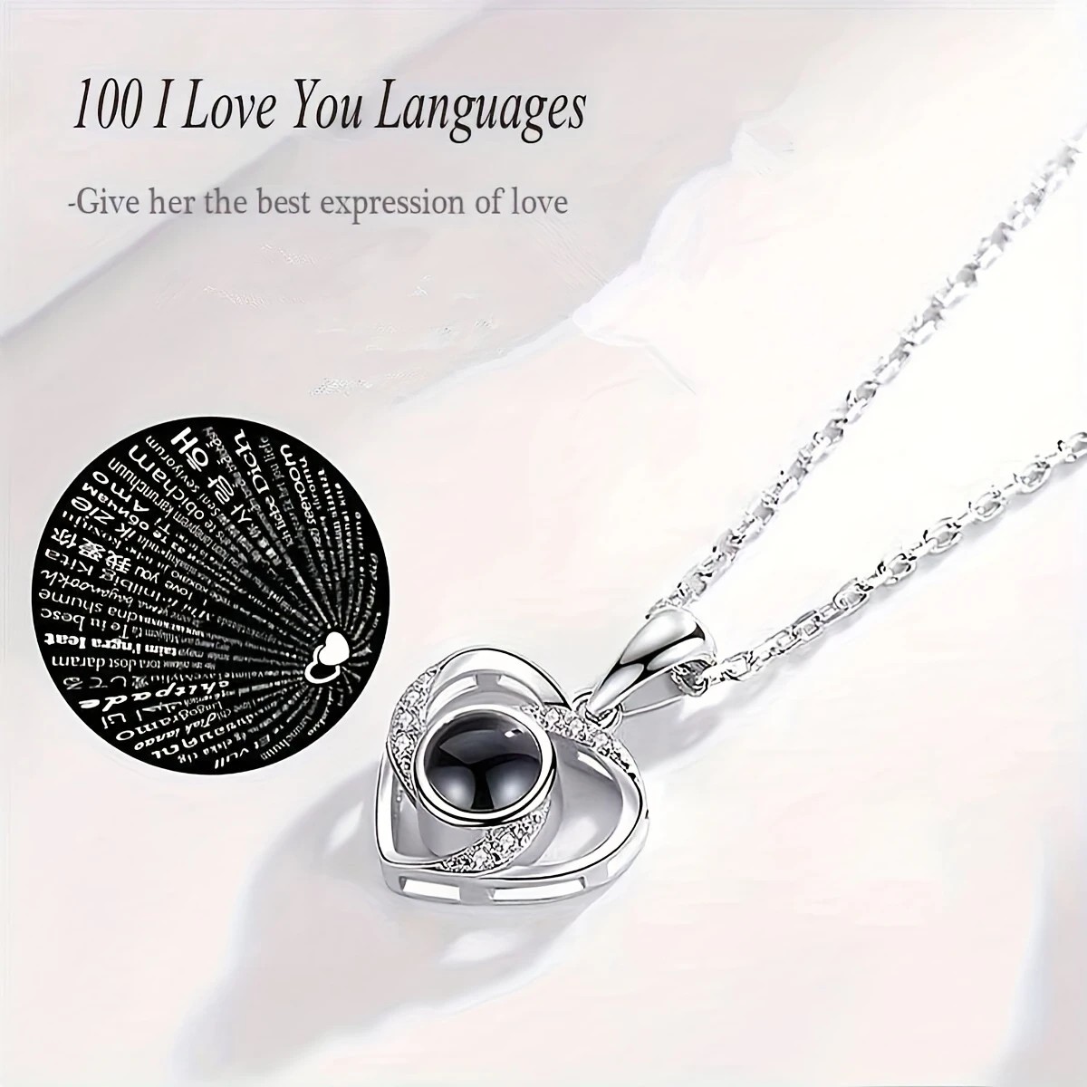 White gold A Hundred Languages Heart-Shaped Projection Necklace Gift Set, Inlaid with Zirconia and Paired with a Preserved Rose, a Tech-Infused Romantic Gift - Image 3