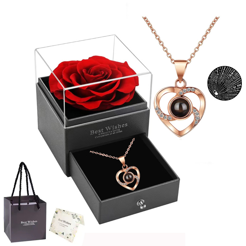 White gold A Hundred Languages Heart-Shaped Projection Necklace Gift Set, Inlaid with Zirconia and Paired with a Preserved Rose, a Tech-Infused Romantic Gift - Image 8