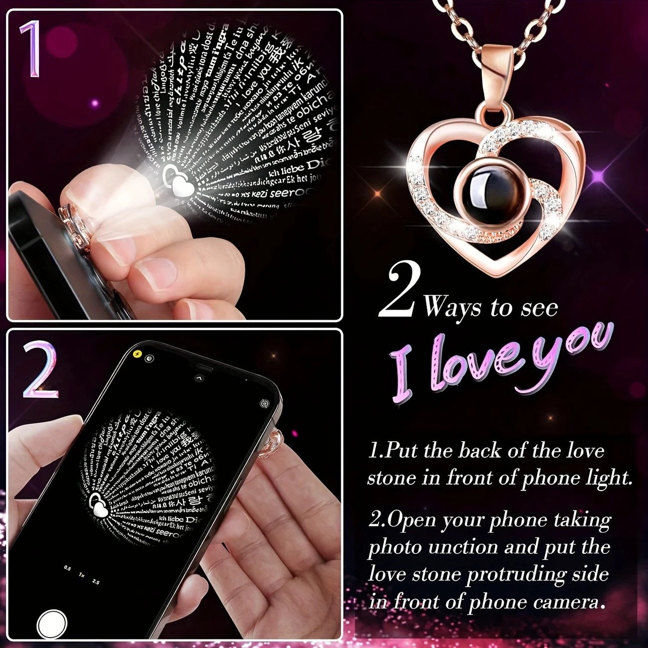 Rose gold A Hundred Languages Heart-Shaped Projection Necklace Gift Set, Inlaid with Zirconia and Paired with a Preserved Rose, a Tech-Infused Romantic Gift - Image 4