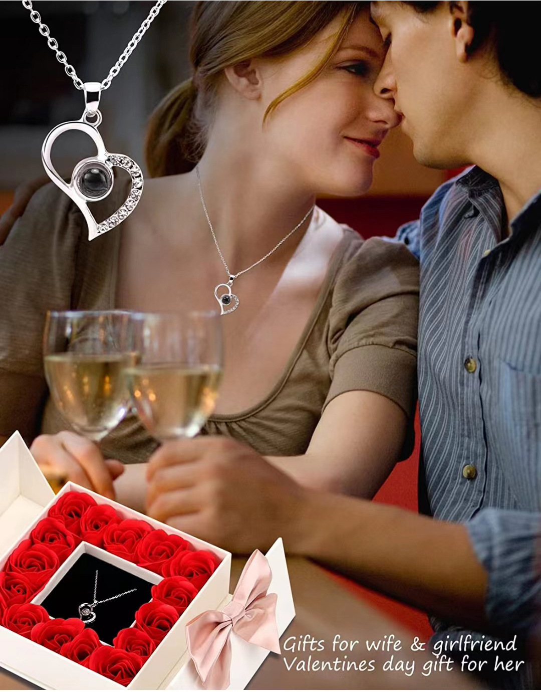Rose Heart Projection Necklace, sparkling in rose gold, 