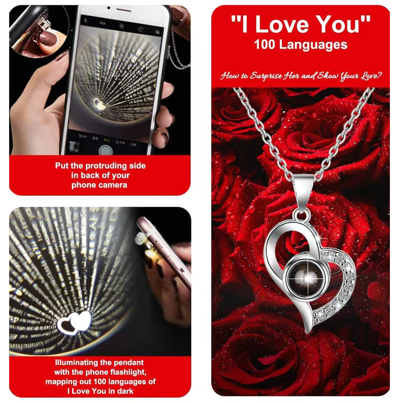 Rose Heart Projection Necklace, sparkling in rose gold, 
