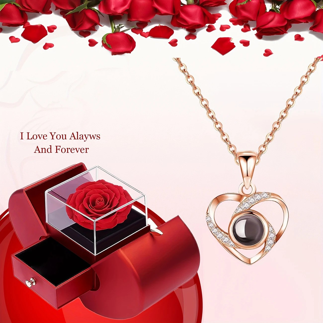 A Hundred Languages Heart-Shaped Projection Necklace Set, rose gold-plated with zirconia inlay, paired with an apple preserved rose gift box—a perfect fusion of technology and romance. - Image 1