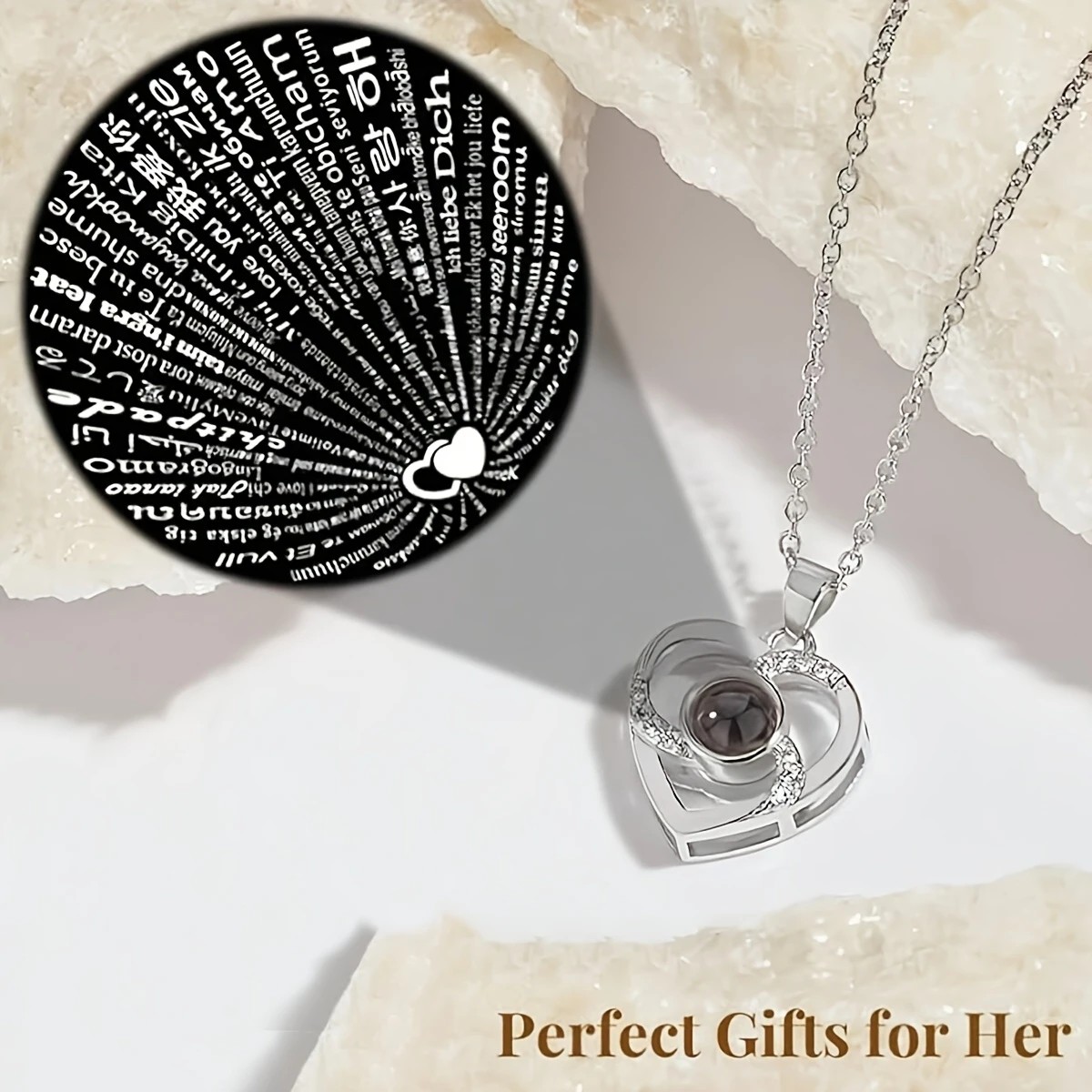 A Hundred Languages Heart-Shaped Projection Necklace Set, rose gold-plated with zirconia inlay, paired with an apple preserved rose gift box—a perfect fusion of technology and romance. - Image 3