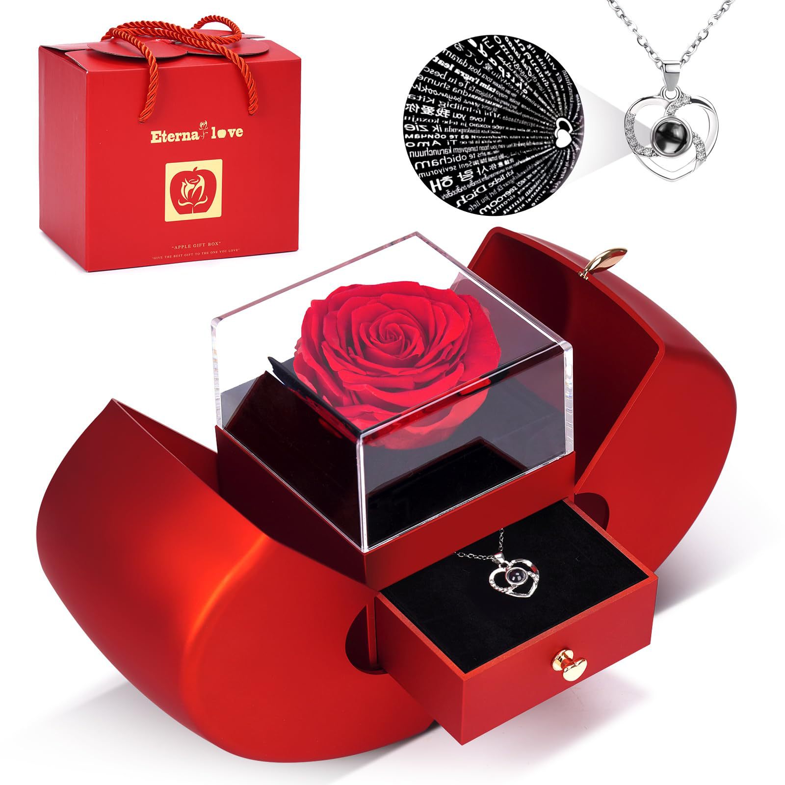 A Hundred Languages Heart-Shaped Projection Necklace Set, rose gold-plated with zirconia inlay, paired with an apple preserved rose gift box—a perfect fusion of technology and romance. - Image 6