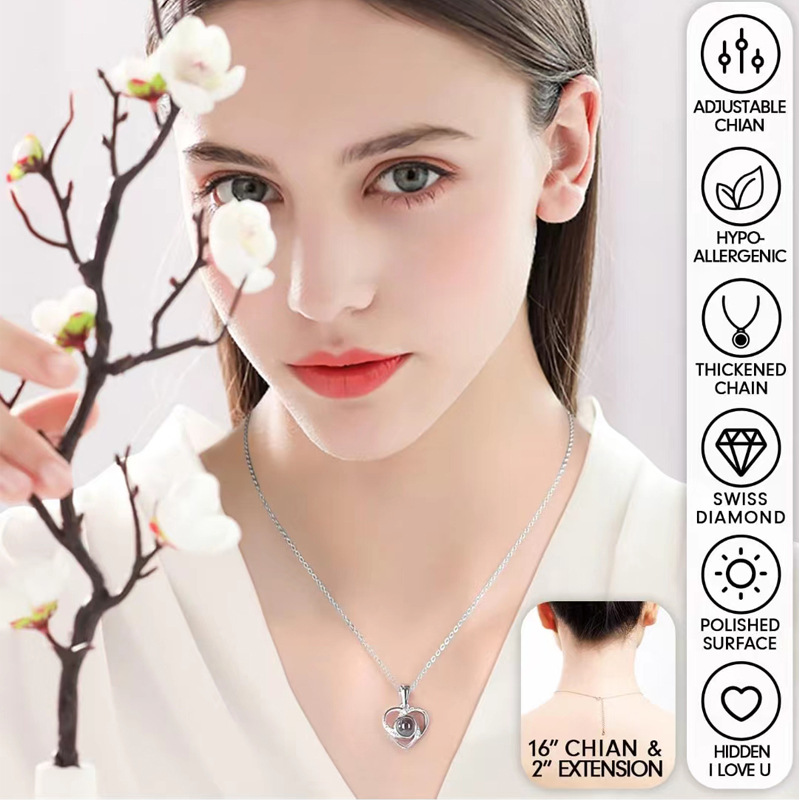 A Hundred Languages Heart-Shaped Projection Necklace Set, rose gold-plated with zirconia inlay, paired with an apple preserved rose gift box—a perfect fusion of technology and romance. - Image 7