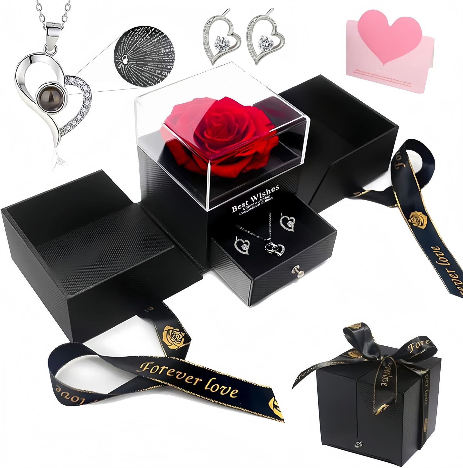 Platinum heart-shaped projection necklace, engraved with 100 ways to say 