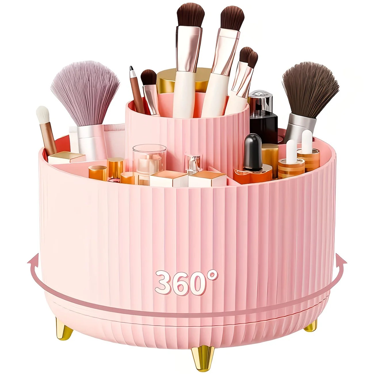 Pink 360-Degree Rotating Cosmetic Organizer – 1 Plastic Makeup Storage Box with 5 Compartments – Multi-Purpose Holder for Brushes, Lipsticks, Skincare Products, and Stationery – Durable Odor-Free Desktop Storage Container with Luxurious Stripe Design - Image 1