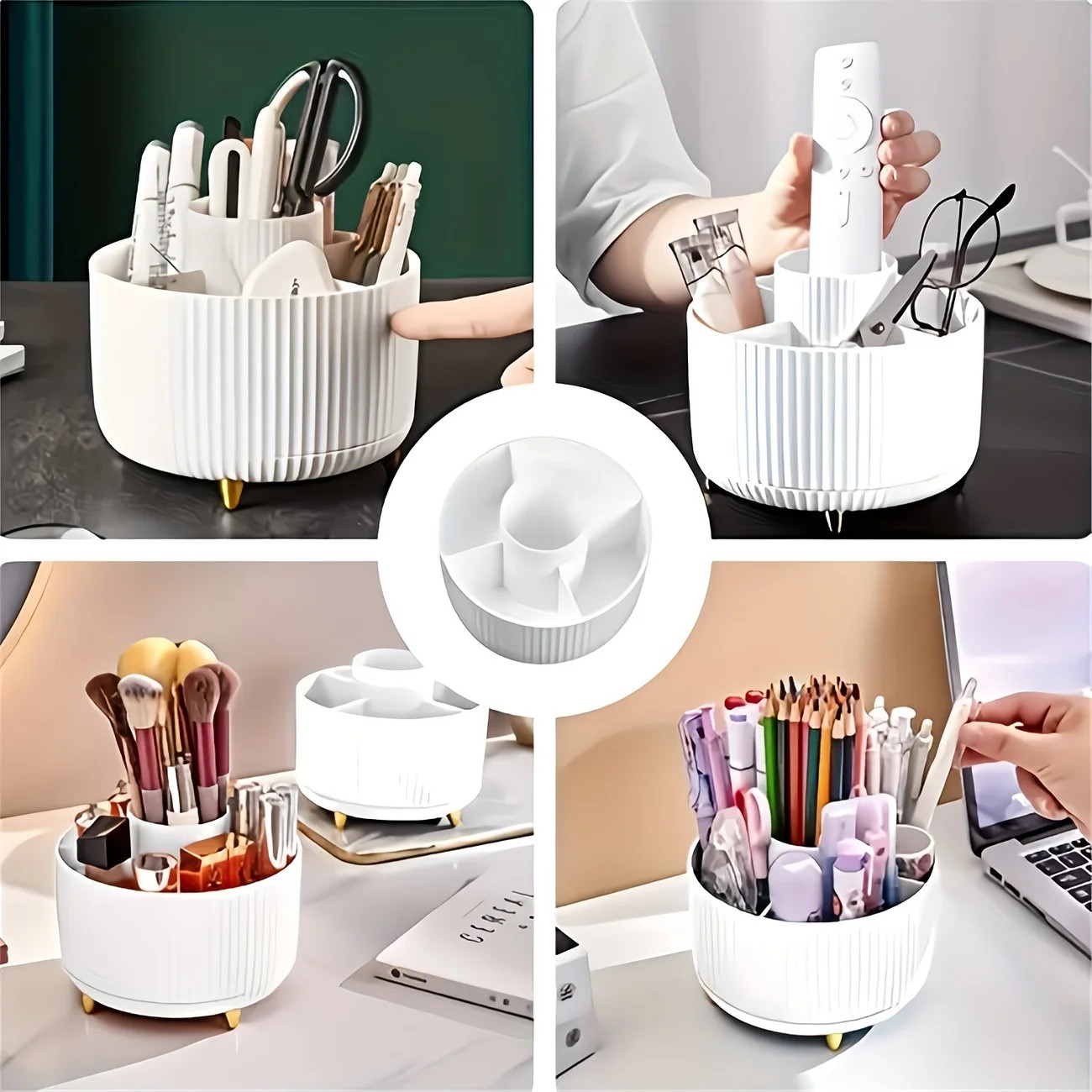 Pink 360-Degree Rotating Cosmetic Organizer – 1 Plastic Makeup Storage Box with 5 Compartments – Multi-Purpose Holder for Brushes, Lipsticks, Skincare Products, and Stationery – Durable Odor-Free Desktop Storage Container with Luxurious Stripe Design - Image 7