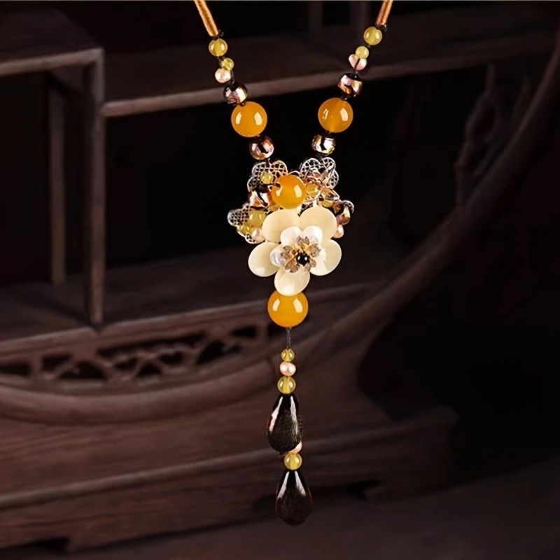 New Chinese-style Ethnic Long Necklace, Glass Flower and Faux Agate Bead Pendant, 80cm Adjustable Cord, 13cm Elegant Drop, Exuding Eastern Retro Charm. - Image 1