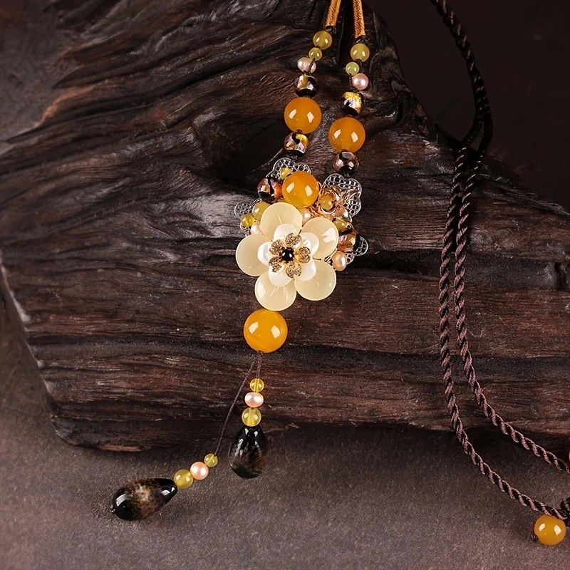 New Chinese-style Ethnic Long Necklace, Glass Flower and Faux Agate Bead Pendant, 80cm Adjustable Cord, 13cm Elegant Drop, Exuding Eastern Retro Charm. - Image 2