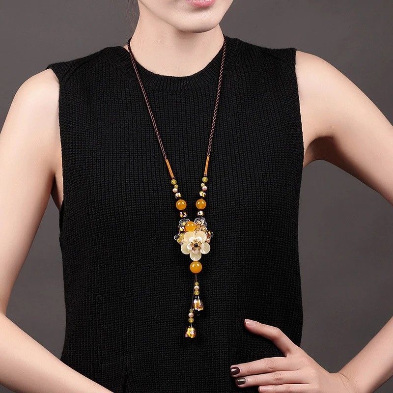 New Chinese-style Ethnic Long Necklace, Glass Flower and Faux Agate Bead Pendant, 80cm Adjustable Cord, 13cm Elegant Drop, Exuding Eastern Retro Charm. - Image 3