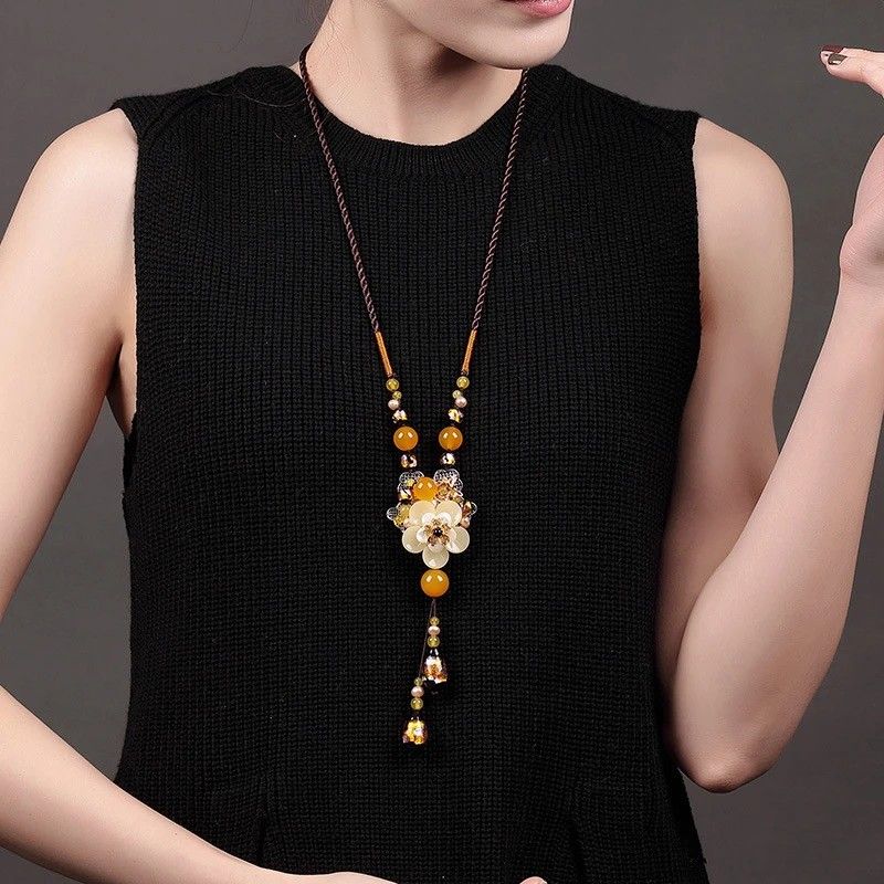New Chinese-style Ethnic Long Necklace, Glass Flower and Faux Agate Bead Pendant, 80cm Adjustable Cord, 13cm Elegant Drop, Exuding Eastern Retro Charm. - Image 4