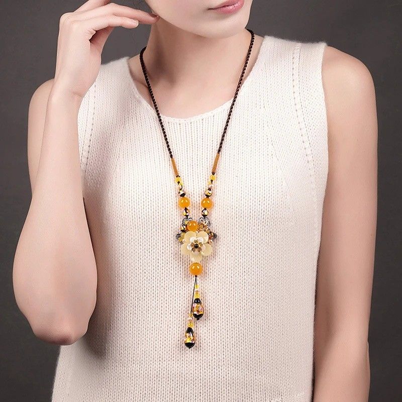 New Chinese-style Ethnic Long Necklace, Glass Flower and Faux Agate Bead Pendant, 80cm Adjustable Cord, 13cm Elegant Drop, Exuding Eastern Retro Charm. - Image 5