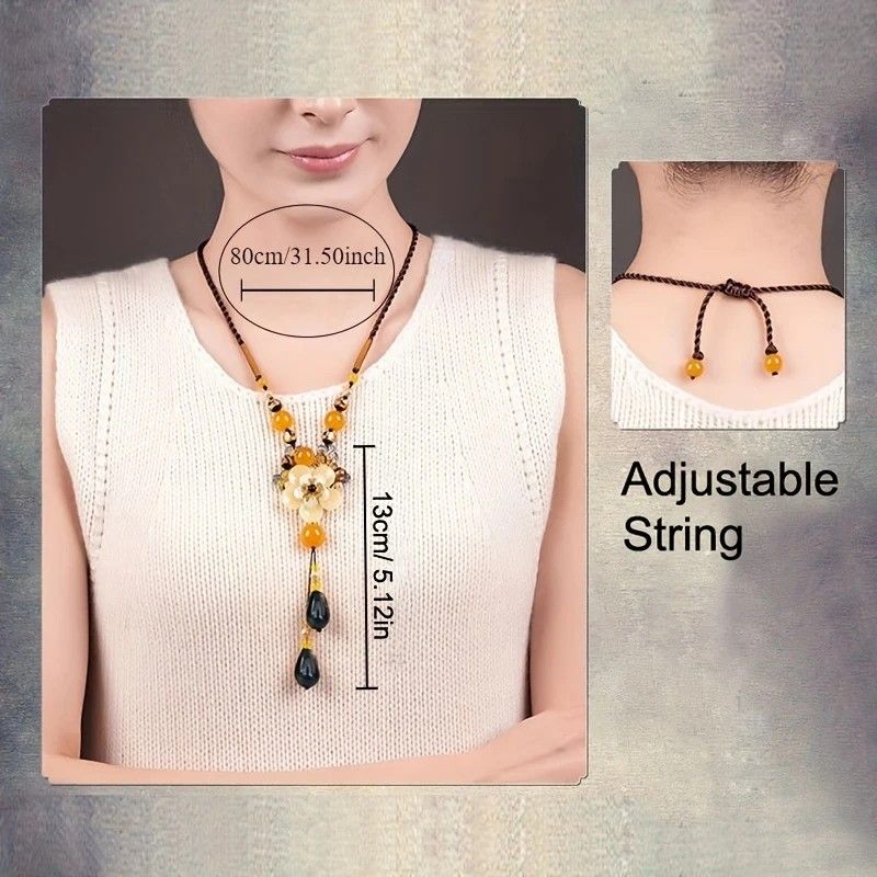 New Chinese-style Ethnic Long Necklace, Glass Flower and Faux Agate Bead Pendant, 80cm Adjustable Cord, 13cm Elegant Drop, Exuding Eastern Retro Charm. - Image 6