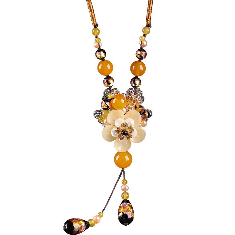 New Chinese-style Ethnic Long Necklace, Glass Flower and Faux Agate Bead Pendant, 80cm Adjustable Cord, 13cm Elegant Drop, Exuding Eastern Retro Charm. - Image 7