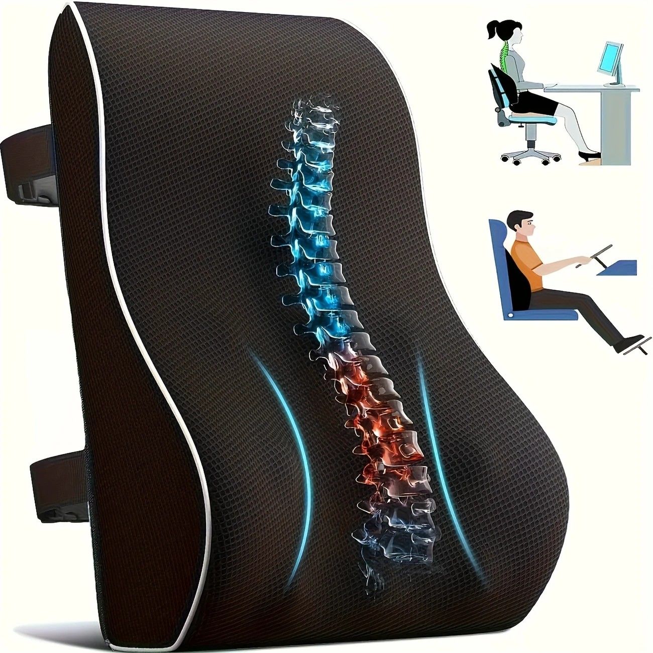 1 Lumbar Support Pillow for Lower Back and Posture - Memory Foam Cushion with Adjustable Strap, Breathable Mesh Cover and Dual Straps (Office Chair, Car, Gaming) - Spine Health Aid, Office Furniture, Back Cushion, Back Pain Relief Pad - Image 1
