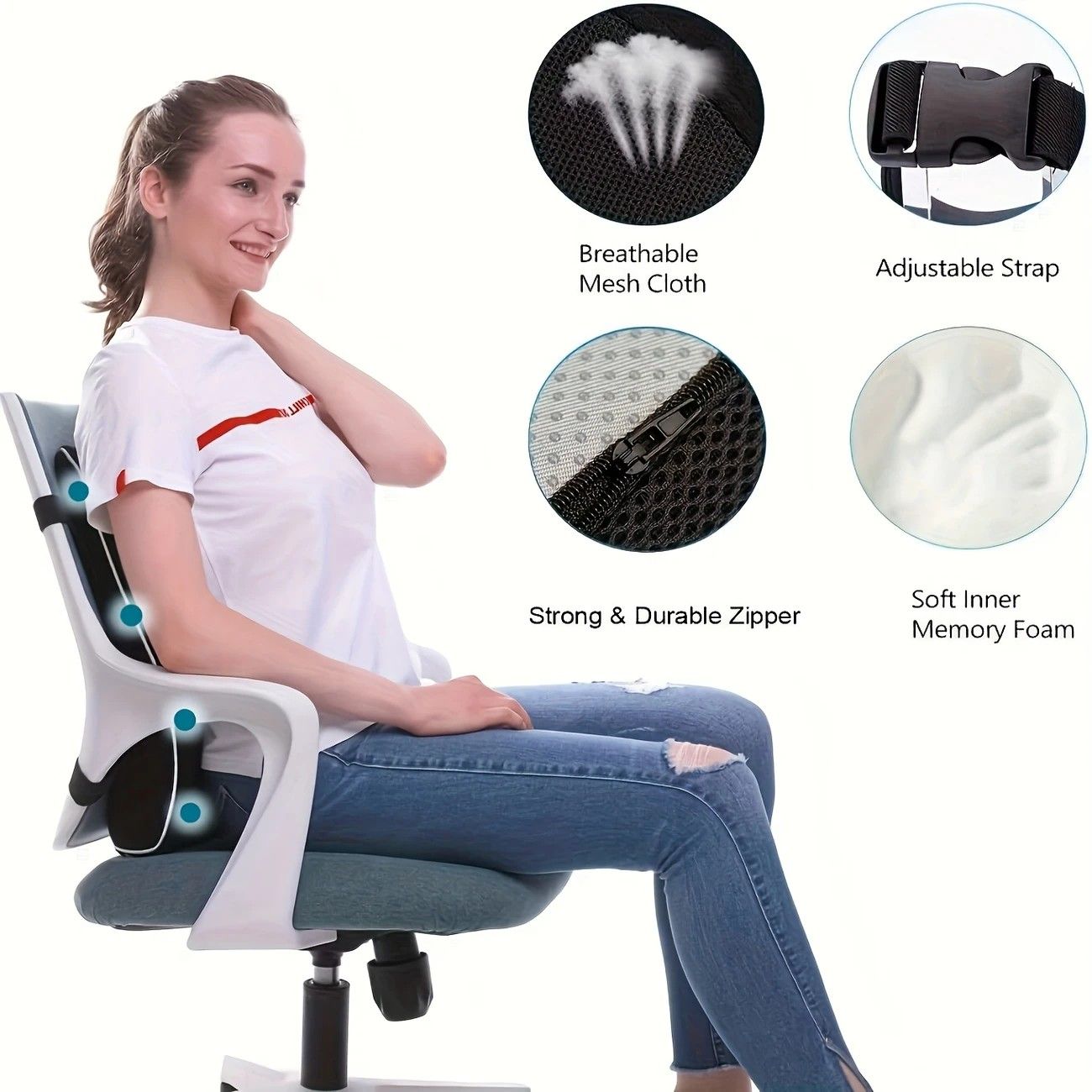 1 Lumbar Support Pillow for Lower Back and Posture - Memory Foam Cushion with Adjustable Strap, Breathable Mesh Cover and Dual Straps (Office Chair, Car, Gaming) - Spine Health Aid, Office Furniture, Back Cushion, Back Pain Relief Pad - Image 2