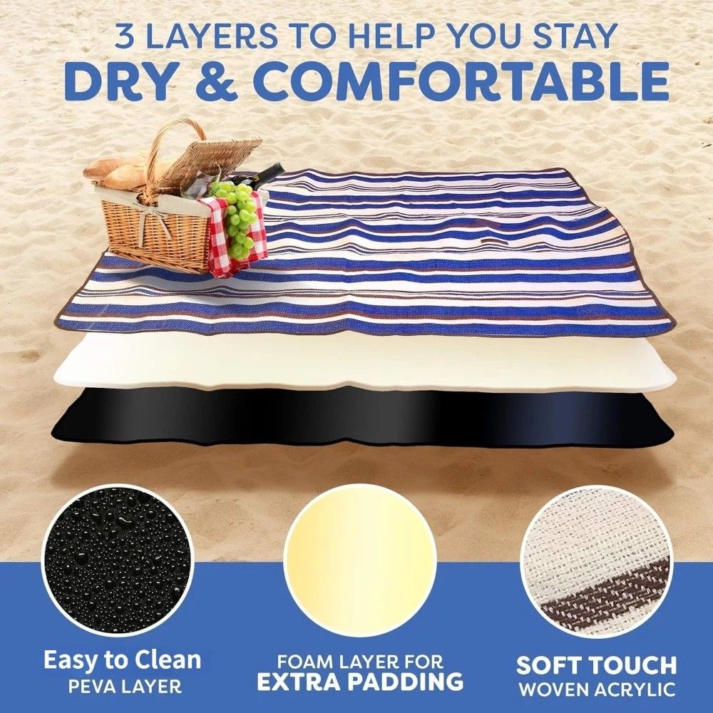 Double-layer Nylon Picnic Mat High-density Waterproof Base + Nylon Padding Lightweight Foldable with Carry Handle Machine Washable & Easy Care  Ideal for Beach Camping Park Outdoor Picnics(200*200CM) - Image 5