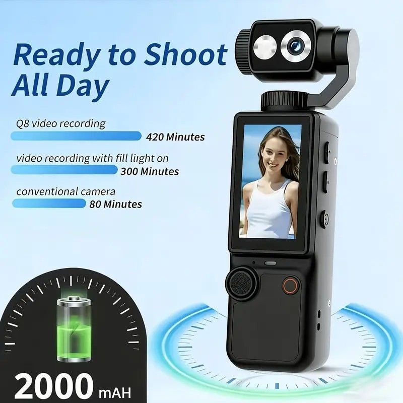 Full HD Handheld Action Camera with 16GB Memory, Portable Pocket Gimbal Camera for Outdoor Travel Vlogging, Featuring a Handheld Gimbal and 1.9-inch Screen.black - Image 6