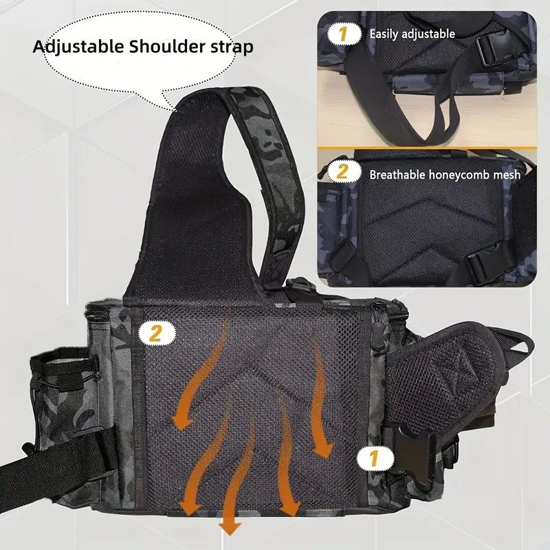 Camouflage Fishing Waist Bag – Large Capacity Multi-layer Partition, Side Pockets & Winding Strap for Full Loading, Breathable Shoulder Strap for Long-lasting Comfort（Green camouflage） - Image 6