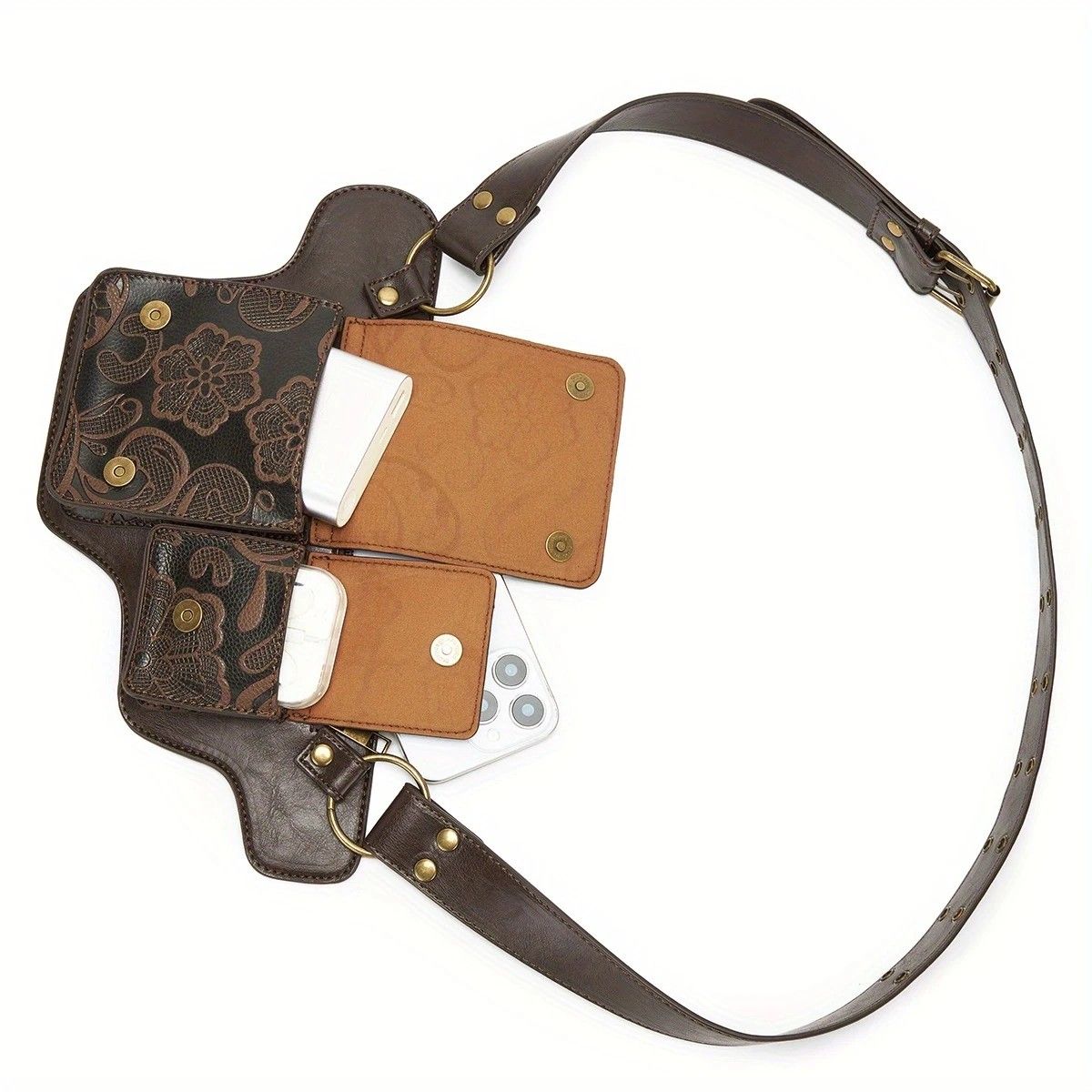 Printed Handmade Multi-functional Waist Bag: Adjustable for Chest Bag Use, Retro Print Multi-buckle Design, Practical for Stylish Pairing。BLACK - Image 6