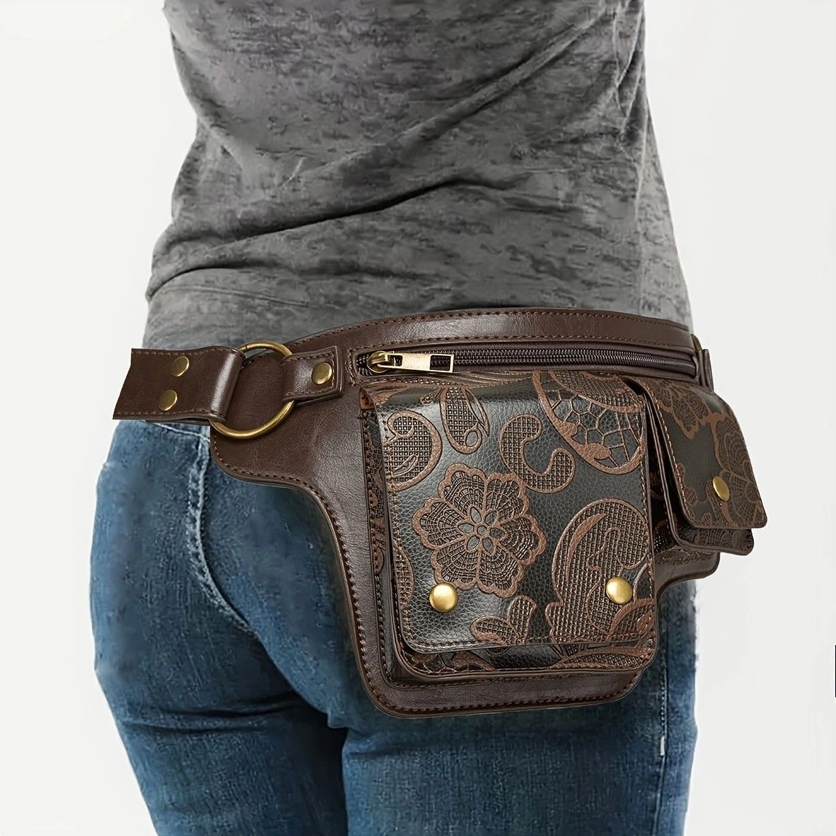 Printed Handmade Multi-functional Waist Bag: Adjustable for Chest Bag Use, Retro Print Multi-buckle Design, Practical for Stylish Pairing.brown - Image 1