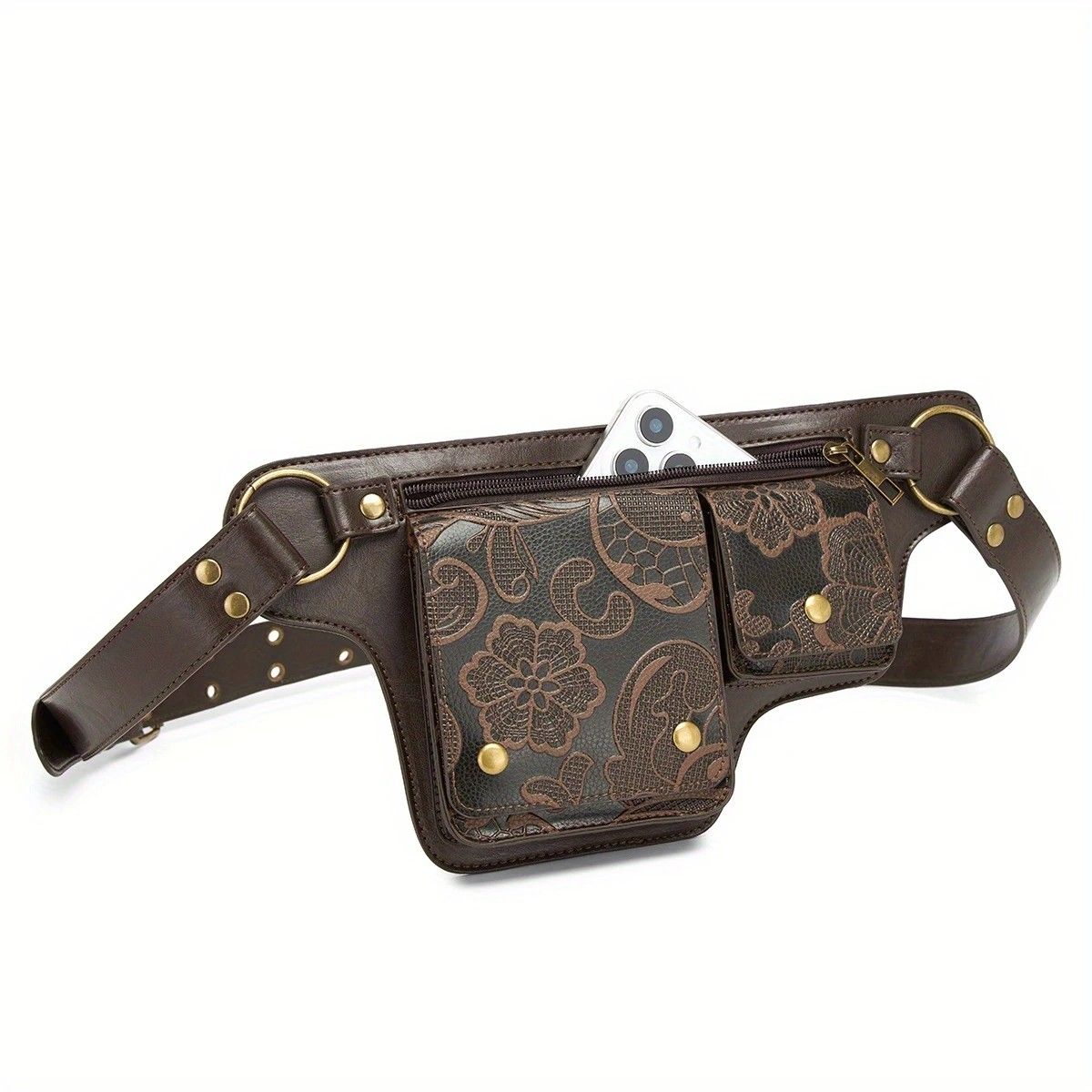 Printed Handmade Multi-functional Waist Bag: Adjustable for Chest Bag Use, Retro Print Multi-buckle Design, Practical for Stylish Pairing.brown - Image 5