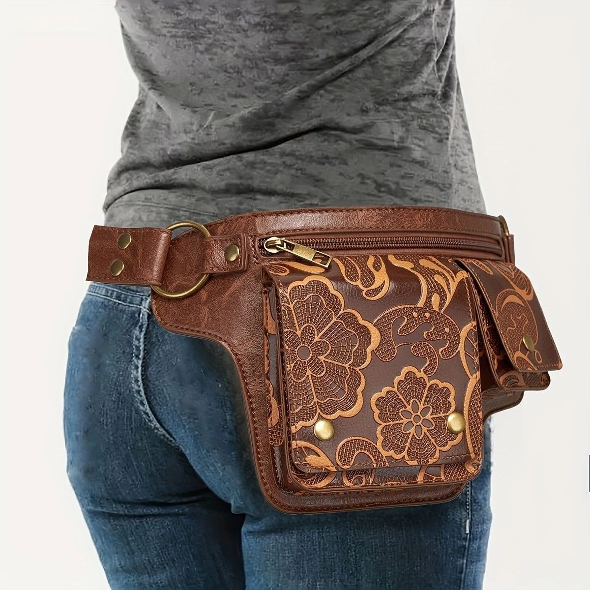 Printed Handmade Multi-functional Waist Bag: Adjustable for Chest Bag Use, Retro Print Multi-buckle Design, Practical for Stylish Pairing.reddish brown - Image 1