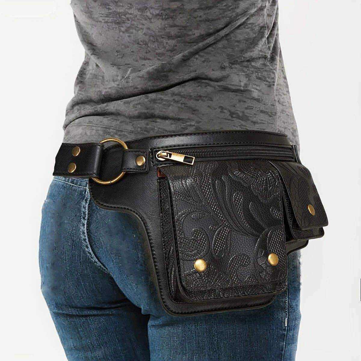 Printed Handmade Multi-functional Waist Bag: Adjustable for Chest Bag Use, Retro Print Multi-buckle Design, Practical for Stylish Pairing.reddish brown - Image 3
