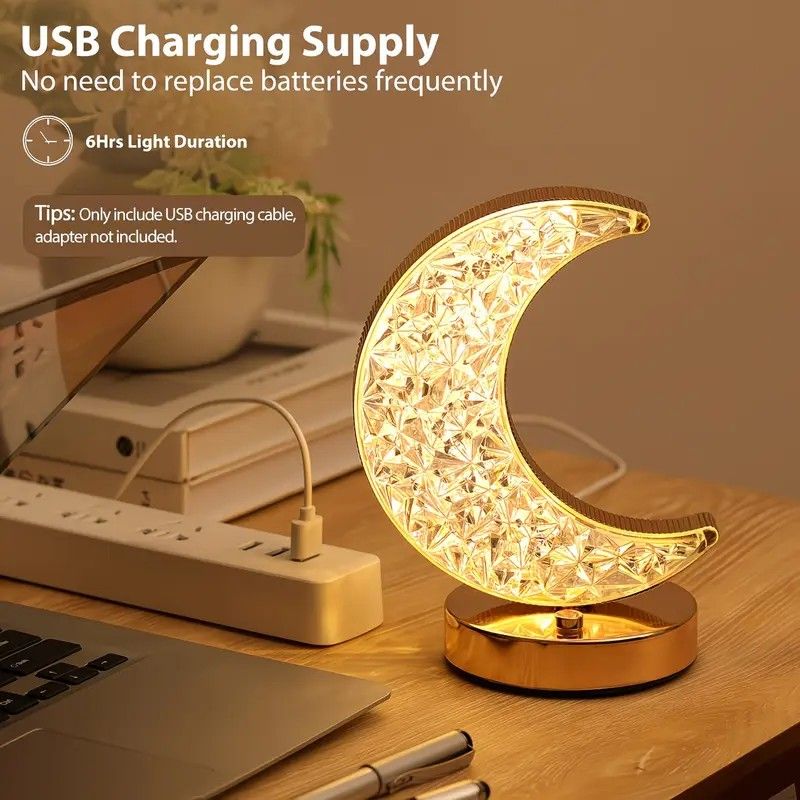 Rechargeable acrylic crystal desk lamp with 3 color temperatures touch control, USB charging for portability, and stepless brightness adjustment. Diamond-cut design serves as both an ambient light and an art piece./MOON - Image 1