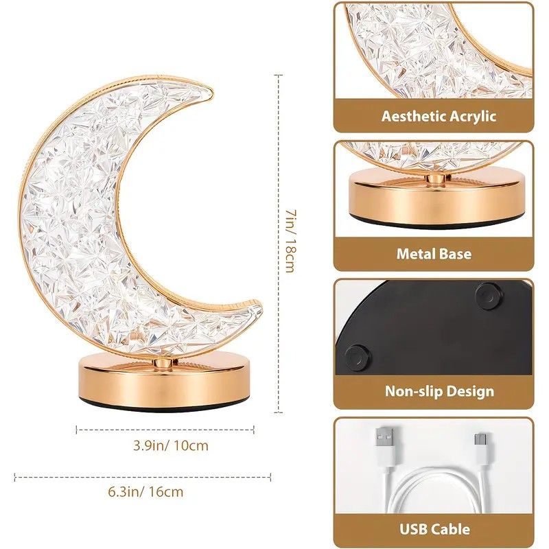 Rechargeable acrylic crystal desk lamp with 3 color temperatures touch control, USB charging for portability, and stepless brightness adjustment. Diamond-cut design serves as both an ambient light and an art piece./MOON - Image 3