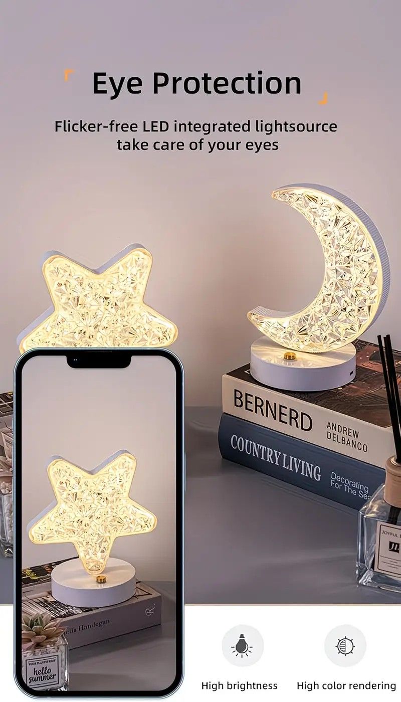 Rechargeable acrylic crystal desk lamp with 3 color temperatures touch control, USB charging for portability, and stepless brightness adjustment. Diamond-cut design serves as both an ambient light and an art piece./MOON - Image 4