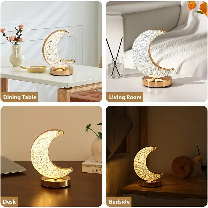 Rechargeable acrylic crystal desk lamp with 3 color temperatures touch control, USB charging for portability, and stepless brightness adjustment. Diamond-cut design serves as both an ambient light and an art piece./MOON - Image 5