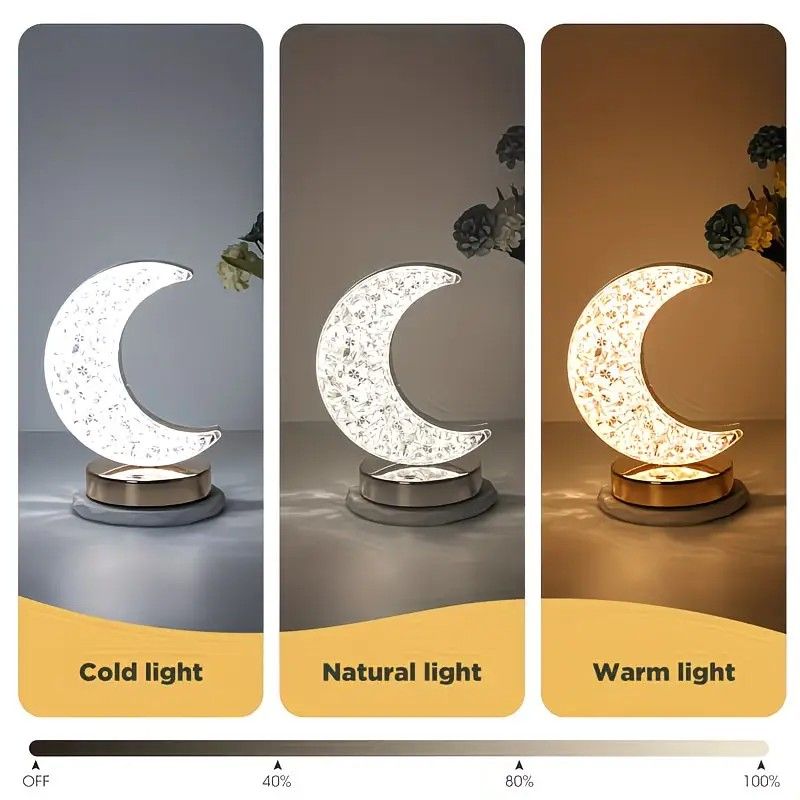 Rechargeable acrylic crystal desk lamp with 3 color temperatures touch control, USB charging for portability, and stepless brightness adjustment. Diamond-cut design serves as both an ambient light and an art piece./MOON - Image 6