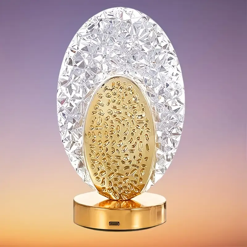 Rechargeable acrylic crystal desk lamp with 3 color temperatures touch control, USB charging for portability, and stepless brightness adjustment. Diamond-cut design serves as both an ambient light and an art piece./Peacock feather - Image 2