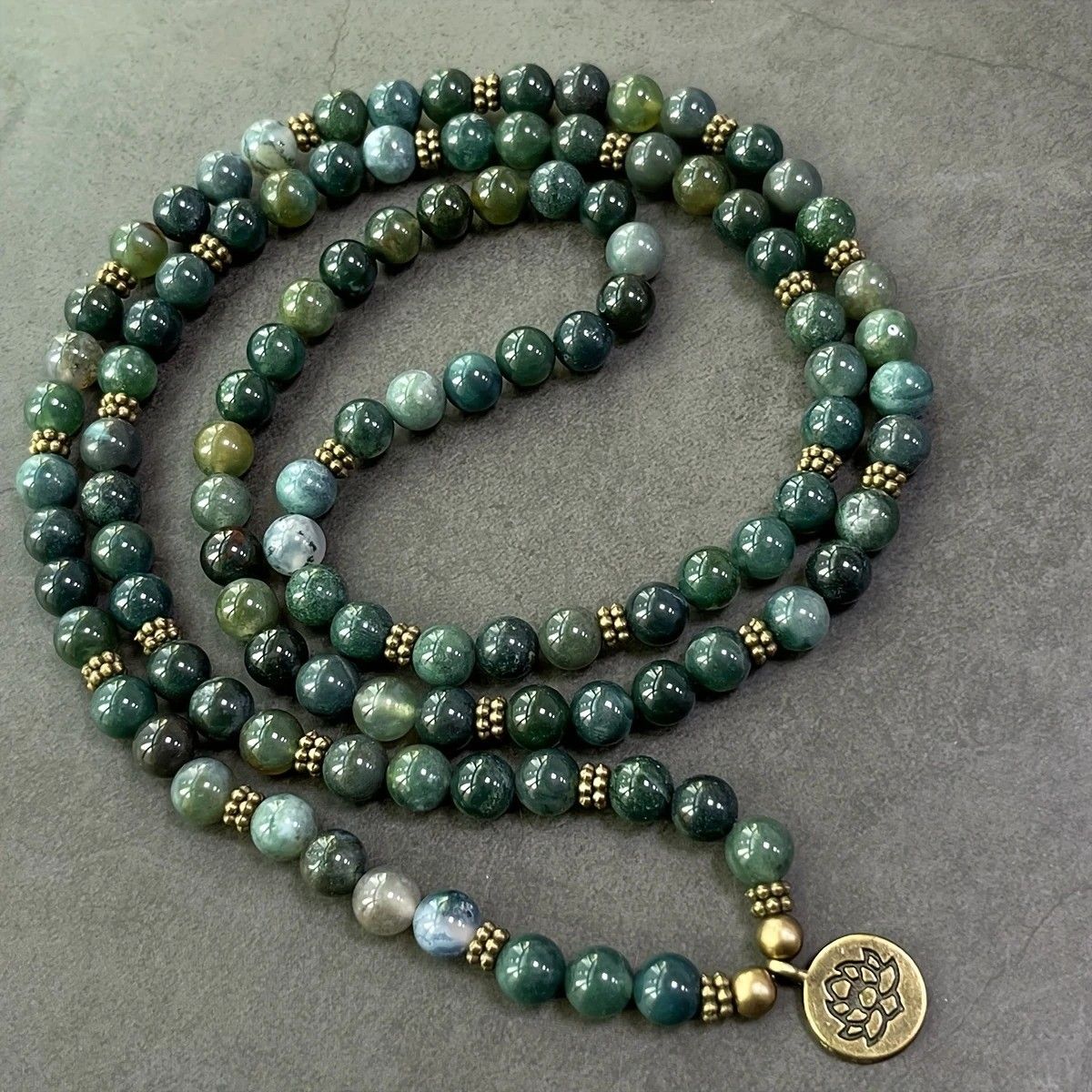 108-Piece Moss Agate Handcrafted Necklace, Natural Plant-Patterned Zen Layered Blessing Bead Strand - Image 1
