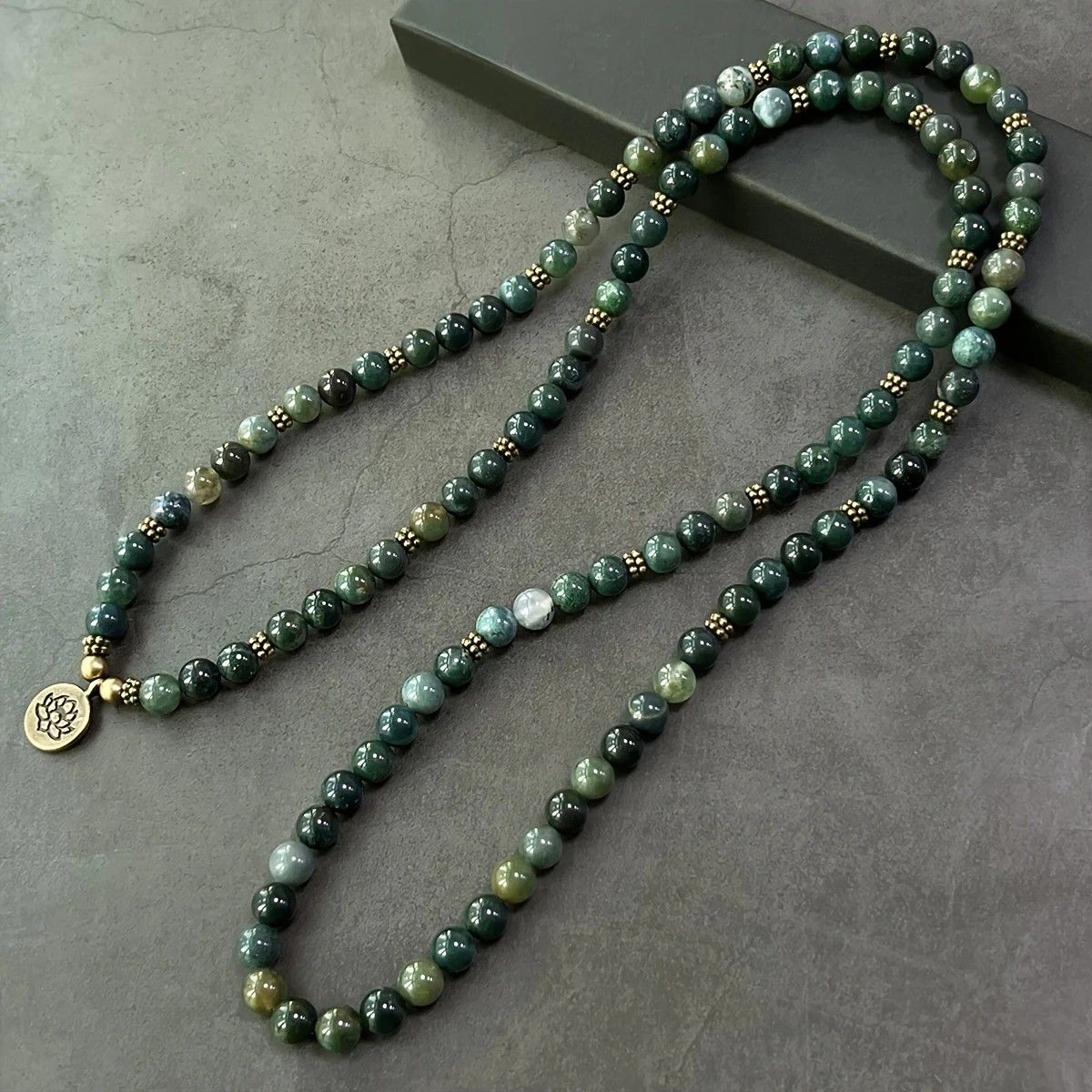 108-Piece Moss Agate Handcrafted Necklace, Natural Plant-Patterned Zen Layered Blessing Bead Strand - Image 2